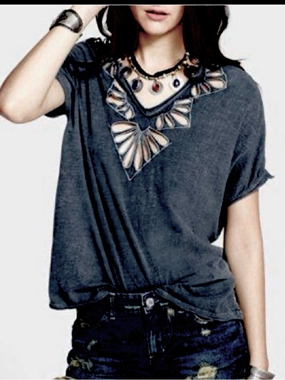 Free people double v neck cut out relaxed tee in washed black